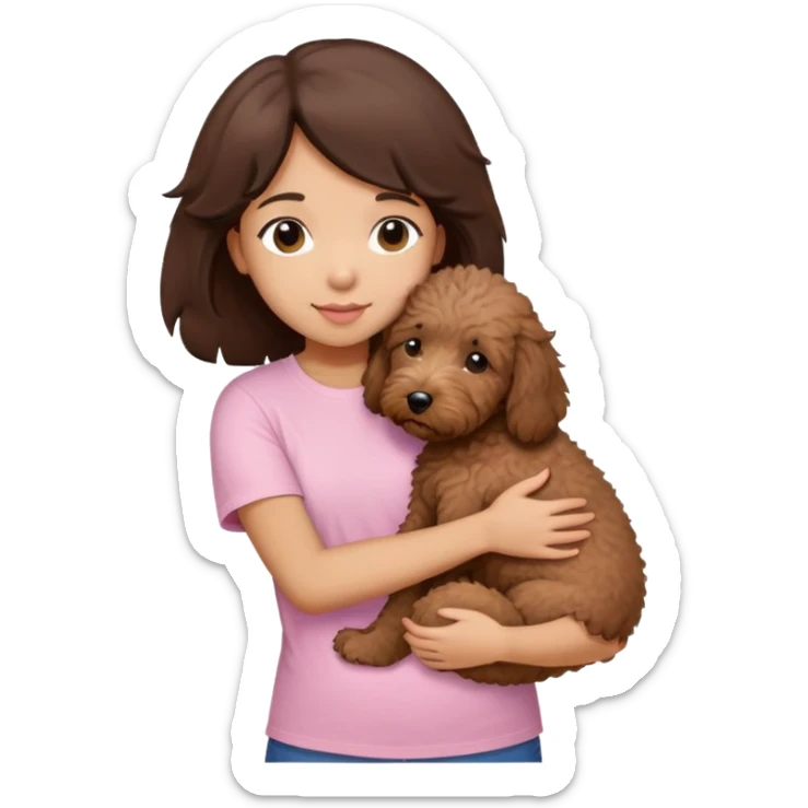 One girl with medium long dark brown hair dressing baby pink T-shirt, hugging One little brown coated labradoodle. sticker