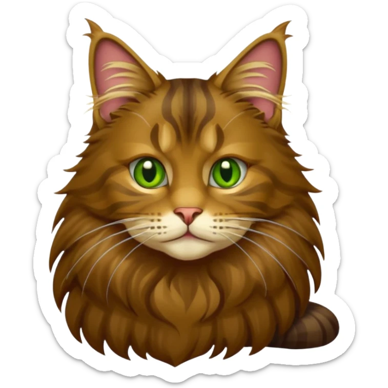 je veux un emoji chat main coon marron foncé  à poil long avec les yeux vert jaunes, je veux qu’il soit en entier assis stp  sticker