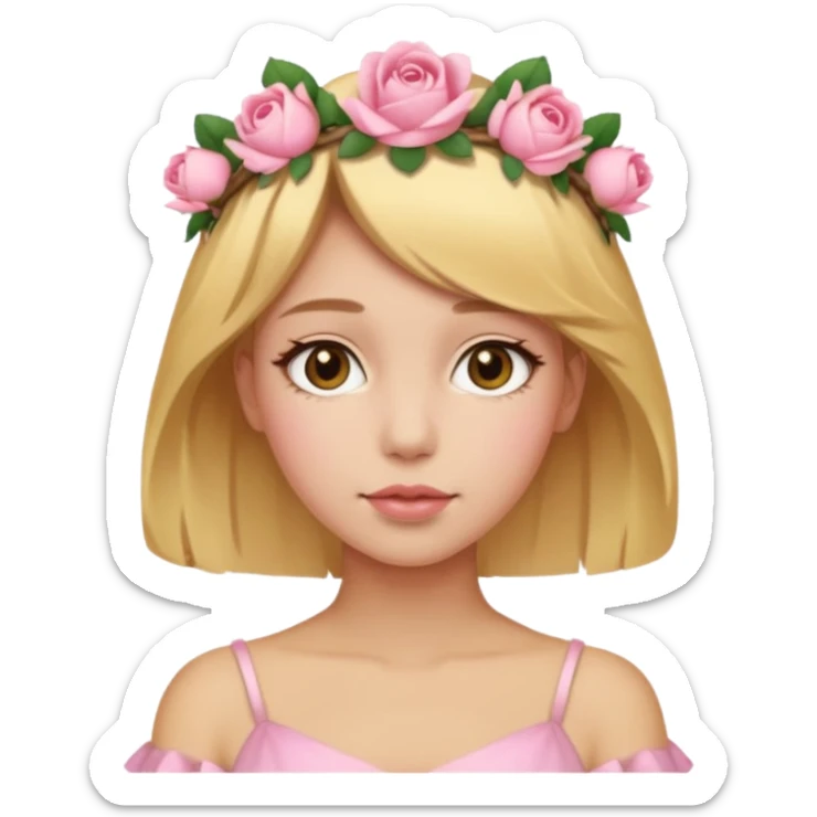 Light golden skin female, short honey-blonde hair, wearing a soft pink rose crown. sticker