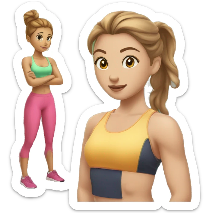 young lady with big greenish eyes, a round nose, light brown hair tied up in a bun with a muscular woman doing spinal exercises at the gym sticker