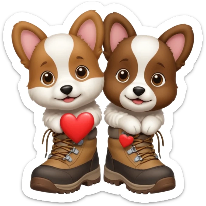 2 puppies hiking with hiking boots on all 4 paws and a heart  sticker
