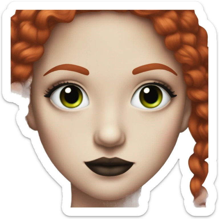 Pale girl with green eyes and bright red hair, dark makeup, a septum and nose ring, and lip ring piercings sticker