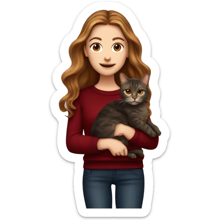 White girl with brown long wavy hair holding a tortoiseshell cat and wearing a dark red sweater with dark jeans sticker