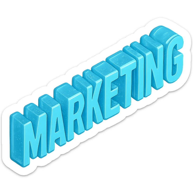The word "MARKETING", cyan blue sticker