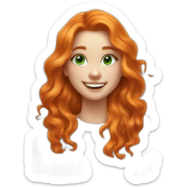 beautiful girl, white, with orange/ginger long loose wavy hair, green eyes, smiling, good teeth, white sweater, she laughs and waves her hand, realistic drawing sticker