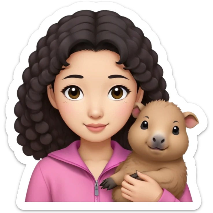 Perempuan muda asia berambut hitam medium dan agak curly,mata berwarna hitam, pakai baju warna pink dan menggendong capybara kecil sambil mengedipkan mata sticker