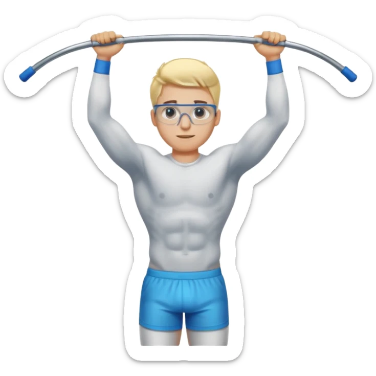Generate an emoji-style illustration of a muscular blonde young man with blue eyes and transparent glasses, hanging from a pull-up bar. Show his full body from head to toe. Clean, modern emoji design with vibrant colors and simple background. sticker