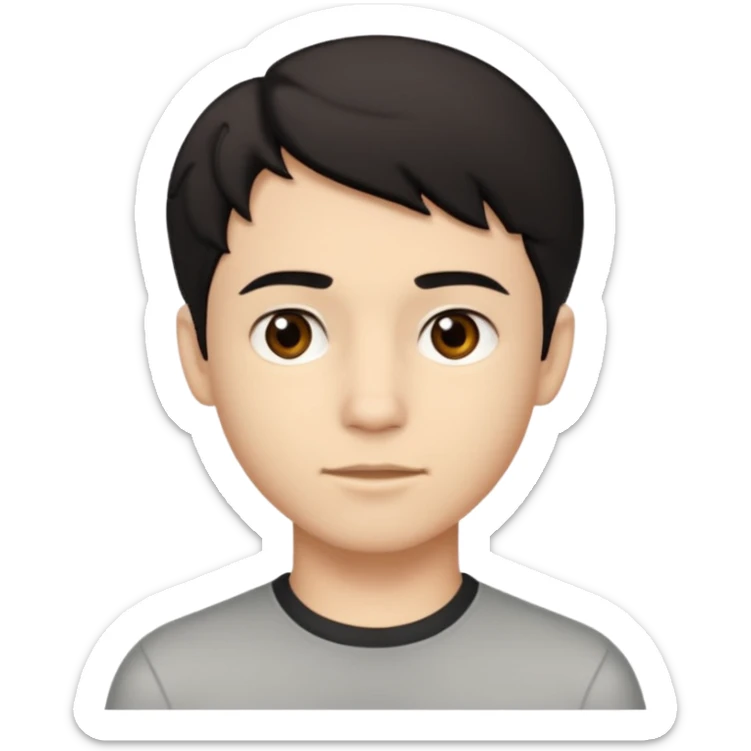A young man with light skin tone, short wavy black hair parted to the side, large brown eyes, and a neutral expression with a small closed-mouth smile. sticker