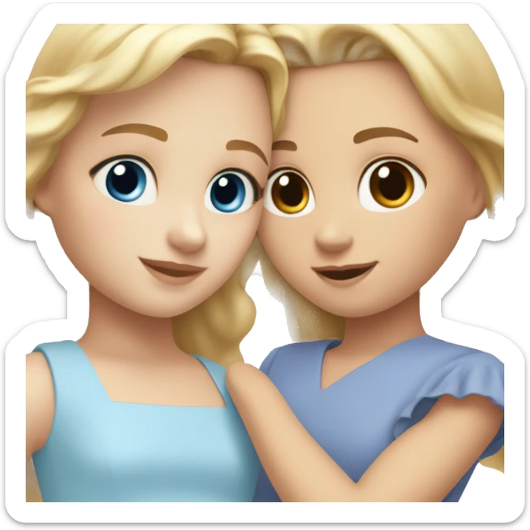 girl with blonde hair and blue eyes in a light blue dress, holding hands with a girl with brown hair and brown eyes in a periwinkle dress sticker