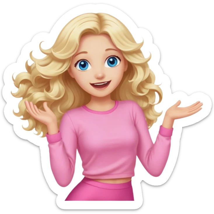 Pretty Blonde with long hair model, blue eyes In pink clothes soft wavy hair, super excited and happy dance sticker