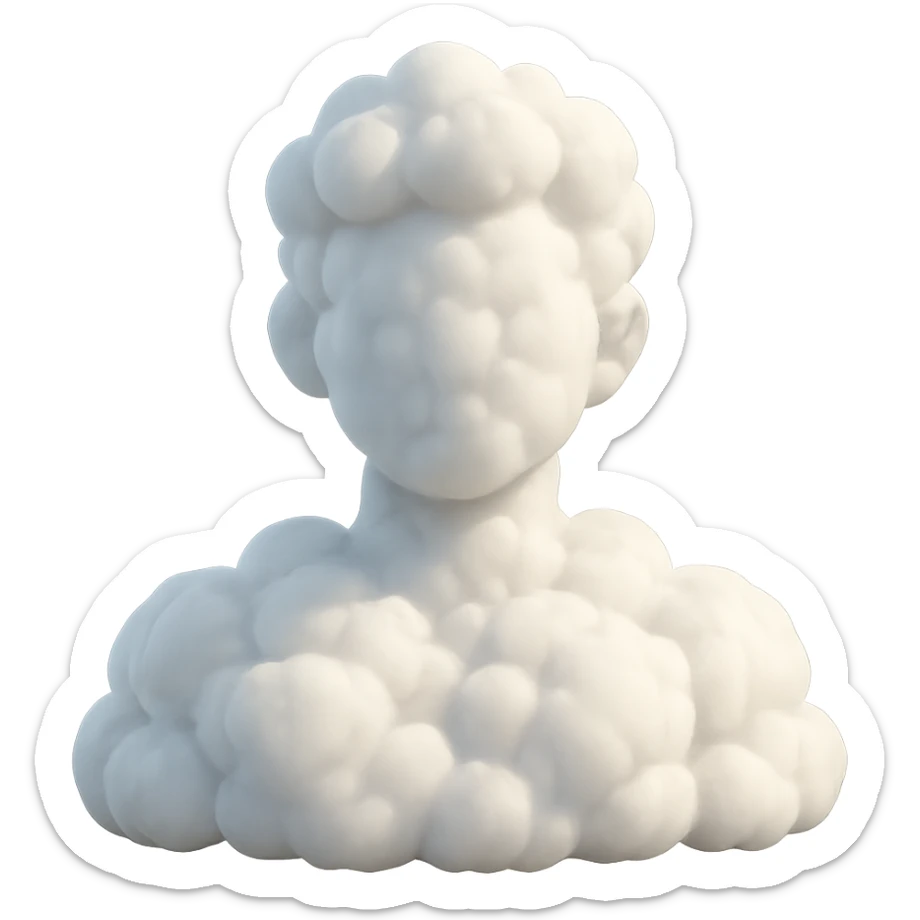 front view contour of a person from shoulders up, fully composed inside of 3D beautiful clouds, clouds are voluminous, white, soft, fluffy, realistic lighting and shadows, 3D emoji style sticker