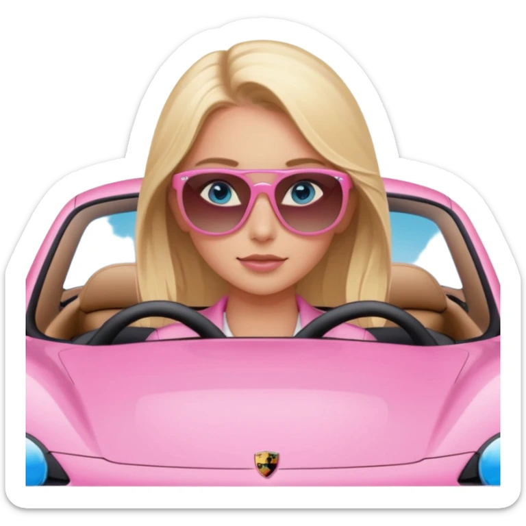 pink Porsche taycan with blonde girl, blue eyes, girl in front of the car sticker