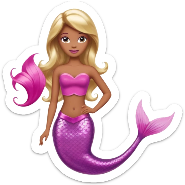 Brown skin blonde hair barbie mermaid with pink tail and pink highlights in hair  sticker