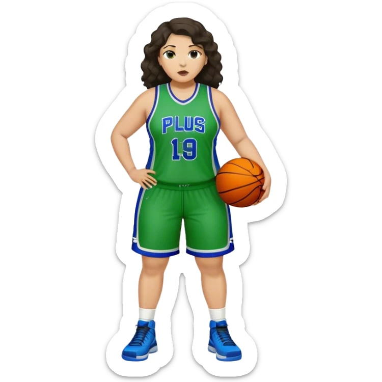 full body plus size light skin latino women basketball player with wavy dark hair large wide nose wearing blue with green  green uniform sticker