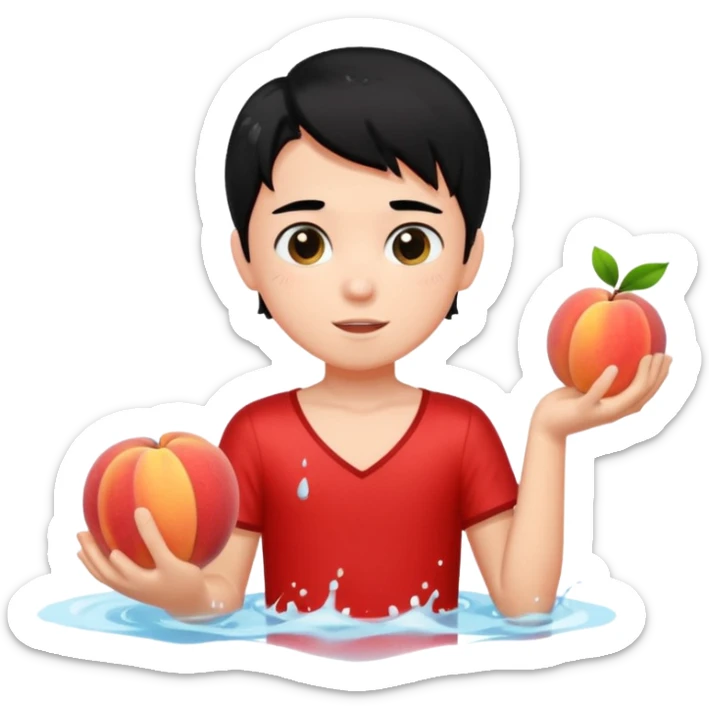 a peach splashing water in boy's mouth above his with black hair and red dress sticker