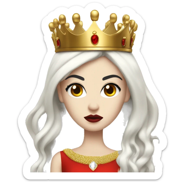 Queen with pale skin, long black hair, bright red lips, skinny gold crown, white dress, and evil stare.  sticker