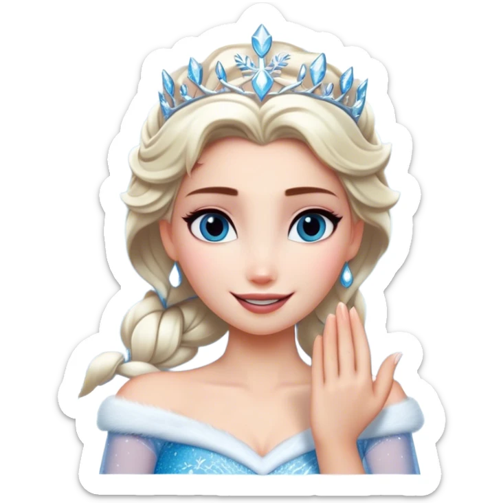 Cinematic Elegant Elsa Portrait Emoji, Standing gracefully with snowflakes forming in her hands, a soft yet confident smile, frosty shimmer surrounding her, a queen in perfect icy splendor! sticker