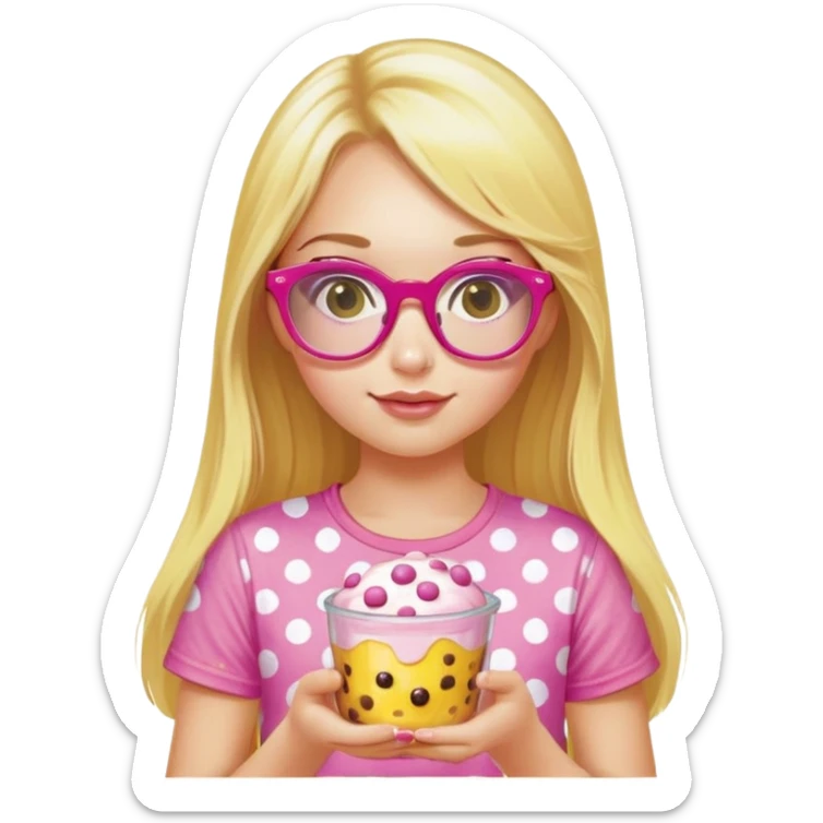 a girl with long lashes, long blonde hair, wearing pink glasses, wearing yellow polka dot t-shirt, holding a pudding sticker