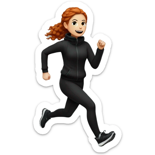 Redhead girl running in winter in all black outfit and white heatphones sticker