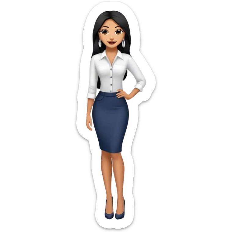 beautiful fit tall woman boss, with long straight black hair, with make up, black eye liner, smile, mexican, brown skin, wearing beautiful profesional outfit and white earings, full body sticker