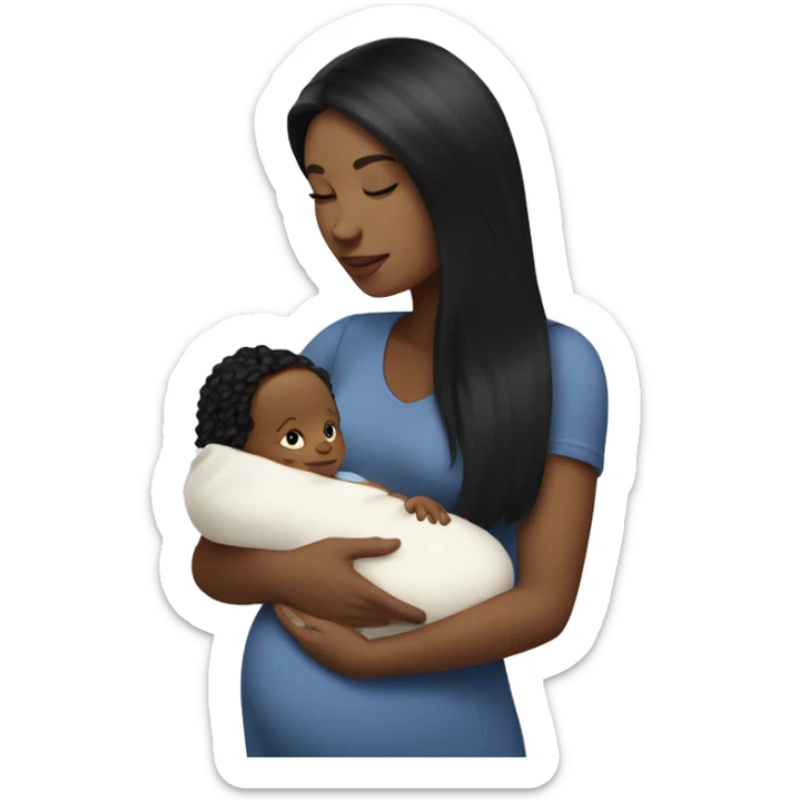 a white woman with long black hair is holding a newborn baby with bottle milk  sticker