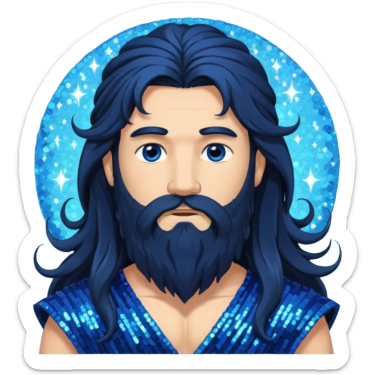 Boreas, God of North Wind from Gods and Goddesses with long black shaggy hair and beard, deep blue sequin outfit sticker