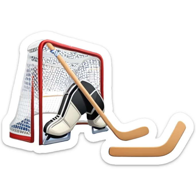 An icon showing a close-up of a hockey stick, puck, skates, and hockey net placed on the ice. The background features a packed stadium with bright lights, cheering fans, and snowy scenery outside. Transparent background highlights the key elements of the game. sticker