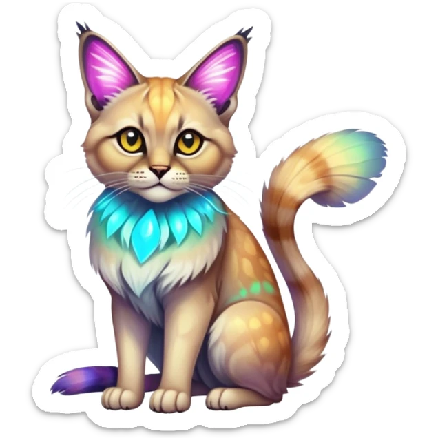 Colorful Neon exotic ethereal iridescent tropical shiny Fantasy-Siamese-Bobcat-Caracal-Moth-Scottish-Fold-feline-Fakémon-feline-hybrid (full body) sticker