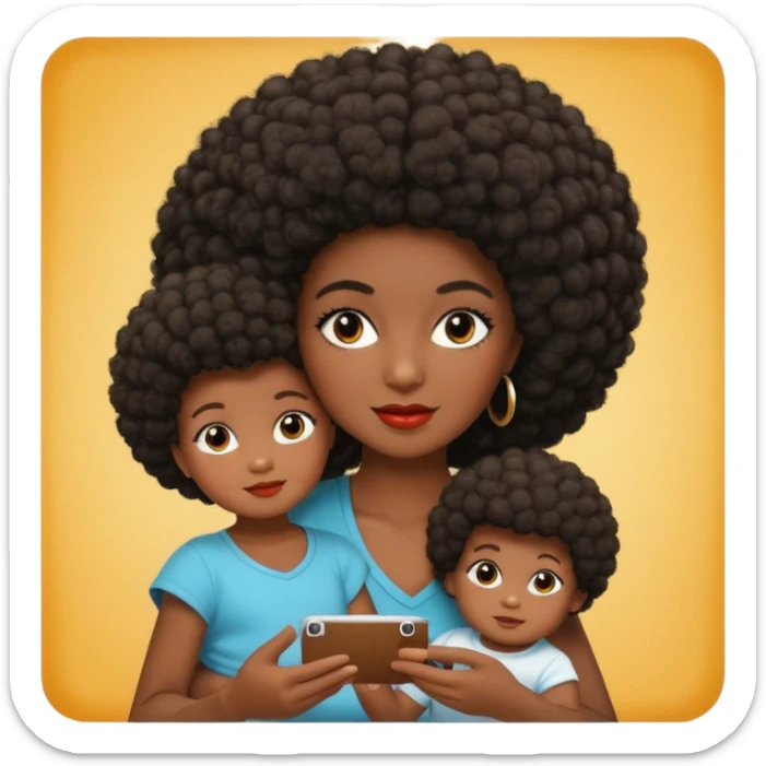 afro hair Dark Skin mom with two children, one young boy and a baby girl in polaroid picture  sticker