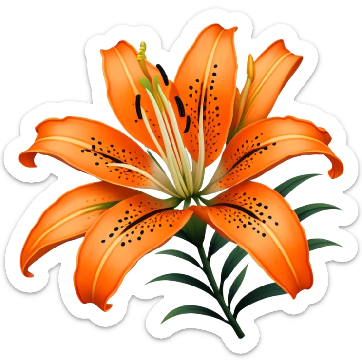Japanese style tiger lily (oniyuri) flower in ukiyo-e inspired design, bright orange petals with distinctive black spots, curved-back petals, traditional composition like in Japanese woodblock prints sticker
