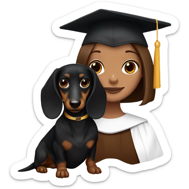 Brown haired white girl in graduation cap holding dark brown long haired dachshund  sticker