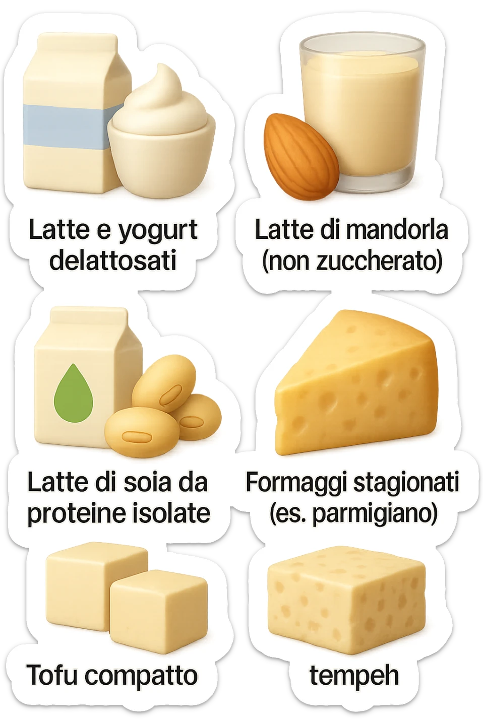 emoji stile iphone 3d di questi elementi che fluttuano in aria:

Latte e yogurt delattosati
Latte di mandorla (non zuccherato)
Latte di soia da proteine isolate
Formaggi stagionati (es. parmigiano)
Tofu compatto e tempeh
 che fluttuano in aria,  le etichette scrivile in italiano, iperealistico 4k sticker