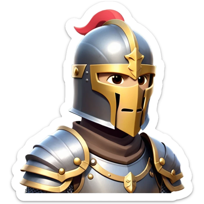 clash-of-clans-aesthetic_-cinematic-fearsome-and-majestic-knight-bust-portrait-emoji, rendered in a flat, vector-style with minimal shading and bold, simplified shapes, depicting a battle-ready medieval knight with steely eyes and intricate armor, mounted on a warhorse reflecting sunlight over a misty battlefield. sticker