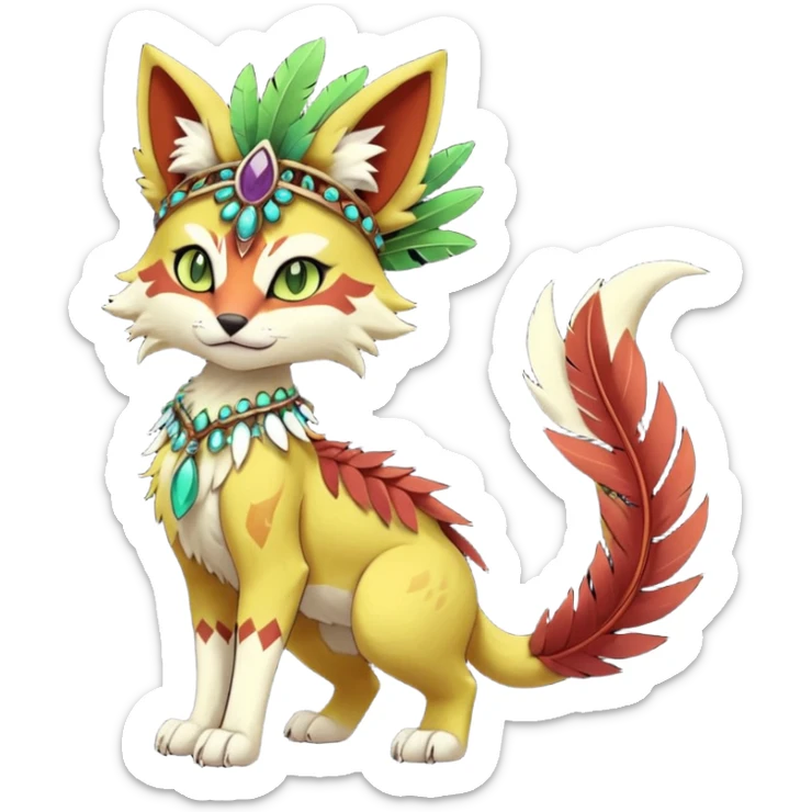 Kawaii cute reddish orangish yellowish greenish purplish exotic tribal beautiful pretty elegant divine edgy feline-vernid-sergal-Fakémon-Pokémon-Digimon-fursona-animal-creature with bracelet, necklace, full body, with intricate detailed markings, feather headdress  sticker