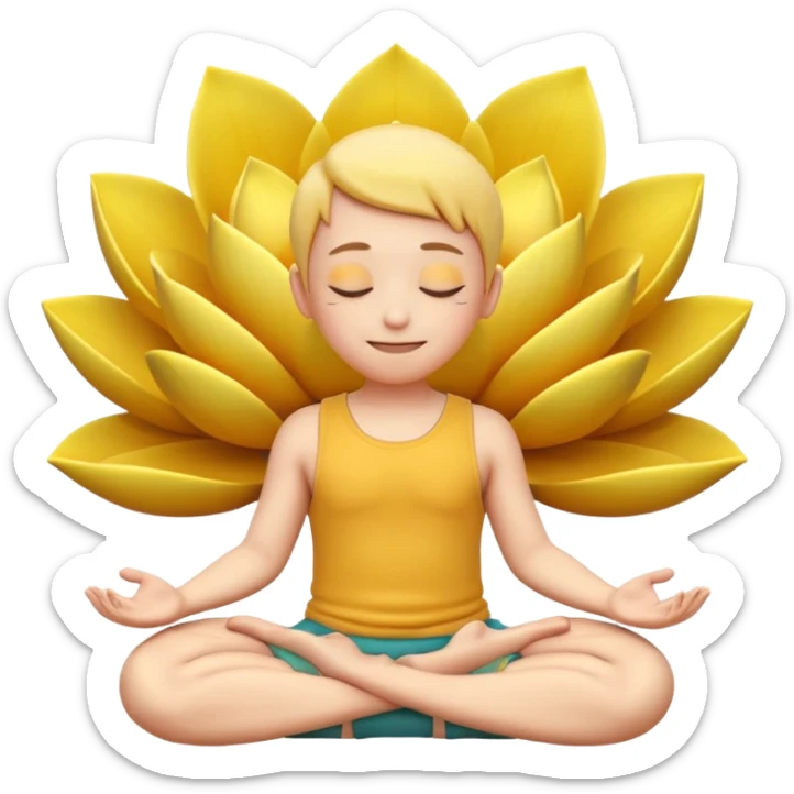 A 3D Apple-style yellow round emoji sitting in a lotus position, eyes gently closed, calm and peaceful smile, hands resting on knees with palms facing upward, relaxed eyebrows, soft glow around the emoji to symbolize inner peace, clean minimal background. sticker