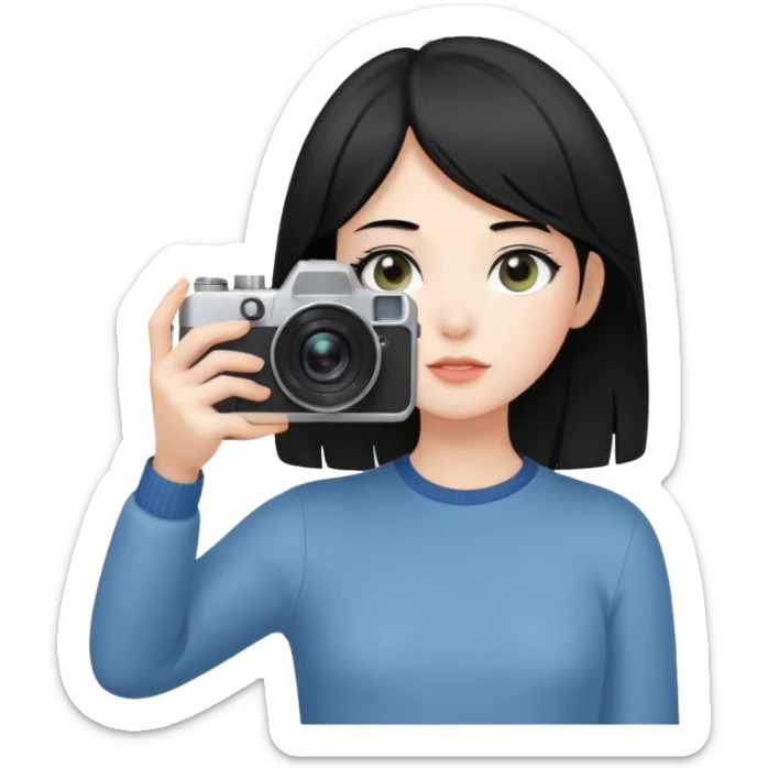 A young fair-skinned girl with o black hair holding a camera up to her eye, looking through the viewfinder, standing in natural light, soft focus background, candid photography style, wearing a minimalist outfit, artistic and modern atmosphere. With four fingers sticker