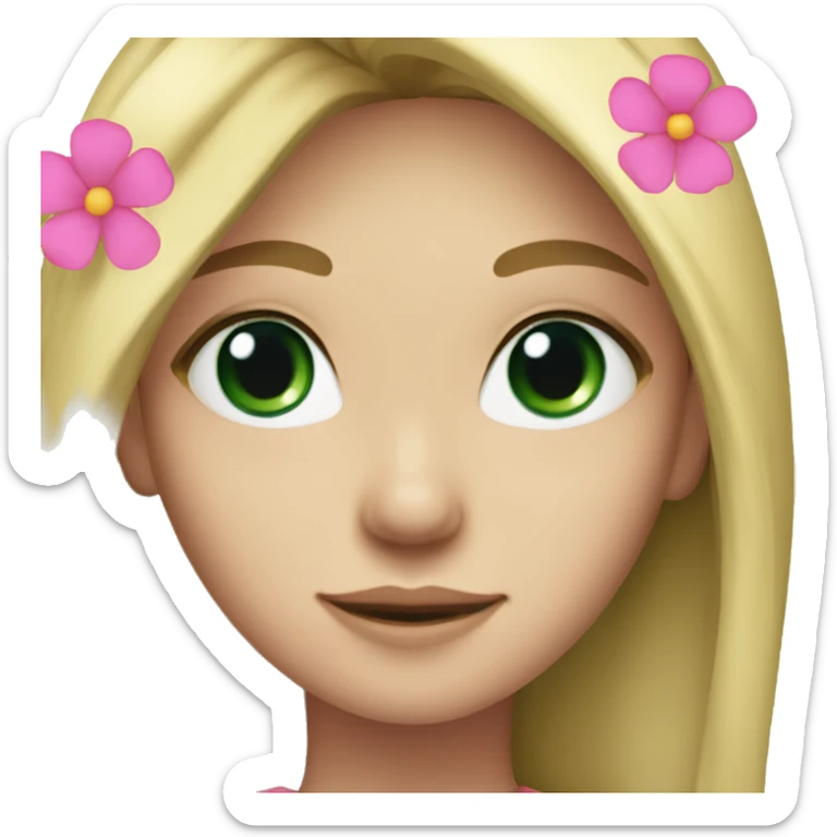 Young woman, long blond straight hair, dark green eyes and a pink flower in her hair  sticker