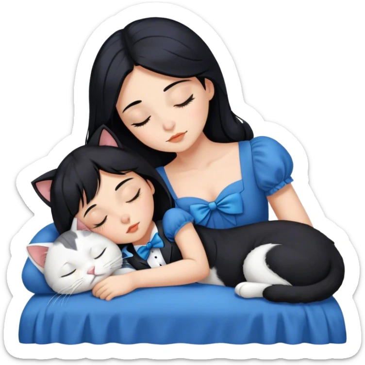 Beautiful black haired girl. Sleeping. Wearing a blue dress. Tuxedo cat sleeping next to her.  sticker