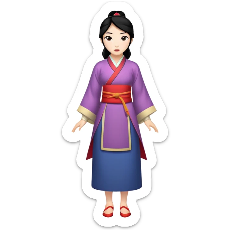 Mulan from hips up, traditional Chinese outfit, black hair, minimal style, larger size sticker