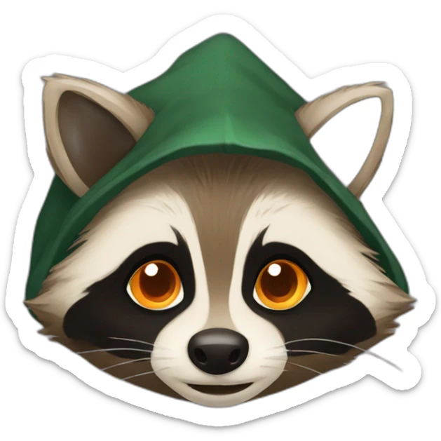 brown raccoon with orange eyes and a dark green hood that is smiling sticker