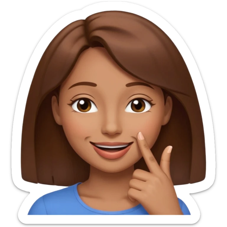 una mujer con un dedo en boca sonriendo y lps ojos en forma medio cerrados creando una curva de sonrisa pelo castaño sticker