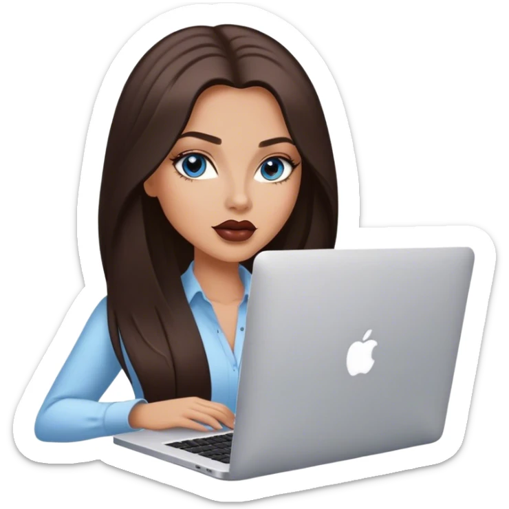 Glamours tanned very beautiful girl with pump mocha rose lips and dark chocolate straight smooth long hair, blue-grey eyes with MacBook sticker