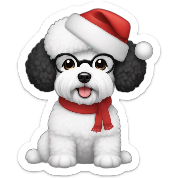 woman-black hair-glasses-bichon dog-sitting-christmas hat sticker