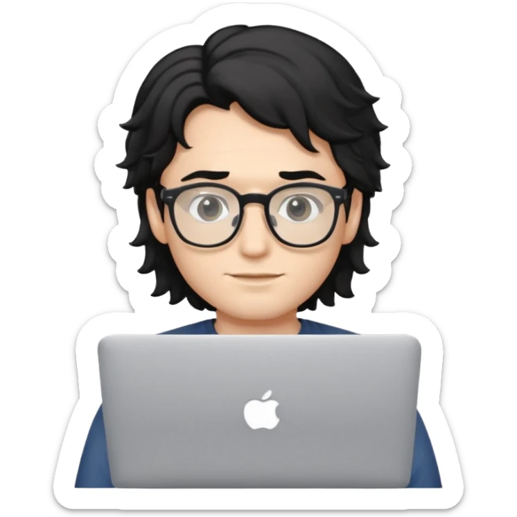 guy with wavy black hair and skin tone a little bit white and glasses, with a macbook sticker