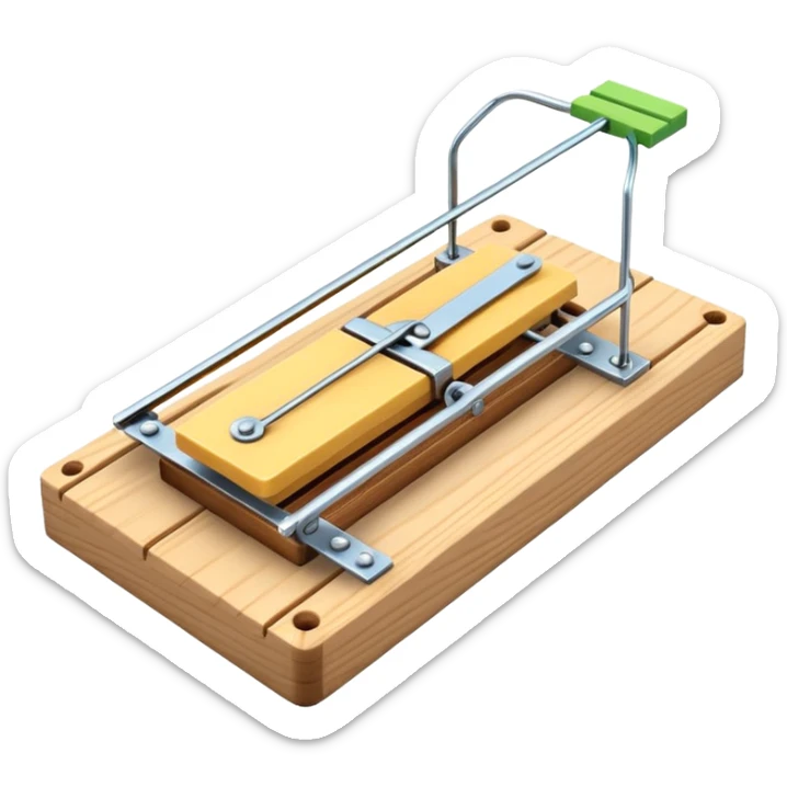 A 3D emoji in iOS emoji aesthetic style of a classic mousetrap without cheese, showing a wooden base and metal spring mechanism, clean minimal design, bright lighting, glossy Apple-style look, white background. sticker