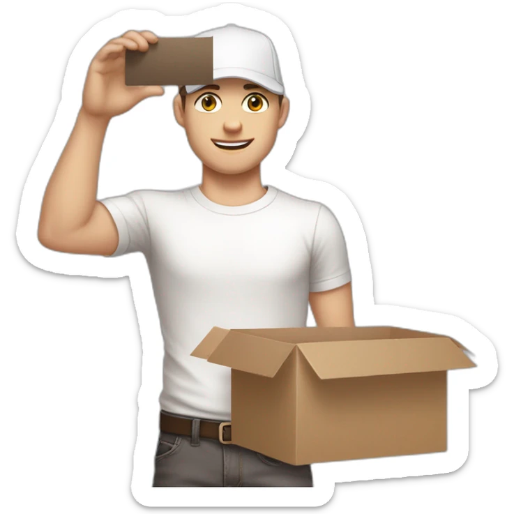 Pale skinned fit Man with dark brown hair in a light gray cap, dark brown jeans, brown polo and white T-shirt keeping a pasted with tape white box into his hands sticker