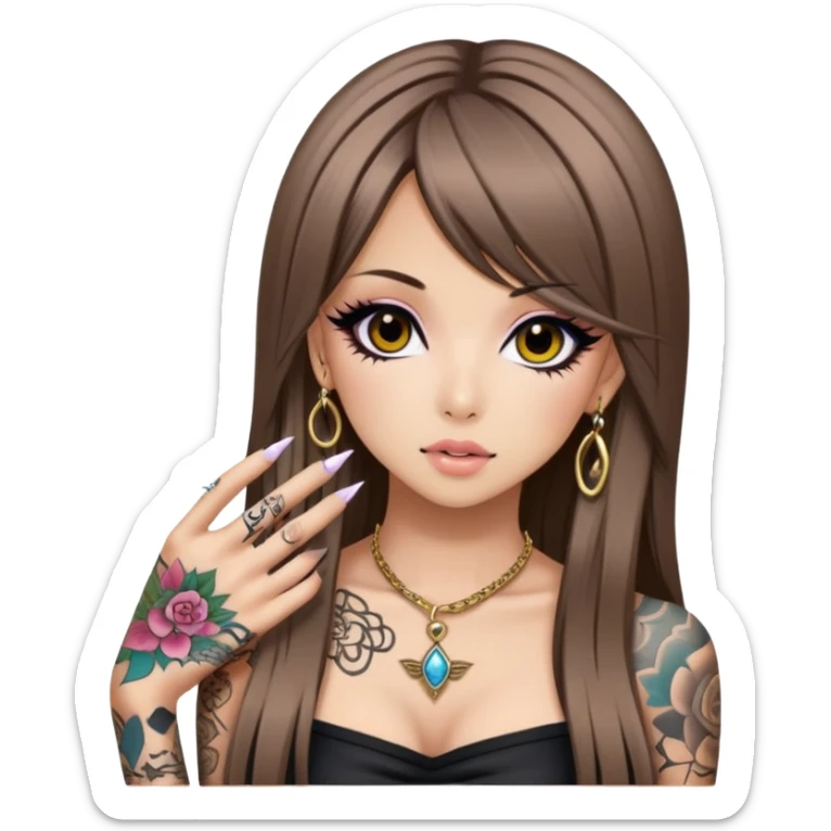 hime gyaru girl, long straight brunette hair, tattoos, dark makeup,  sticker