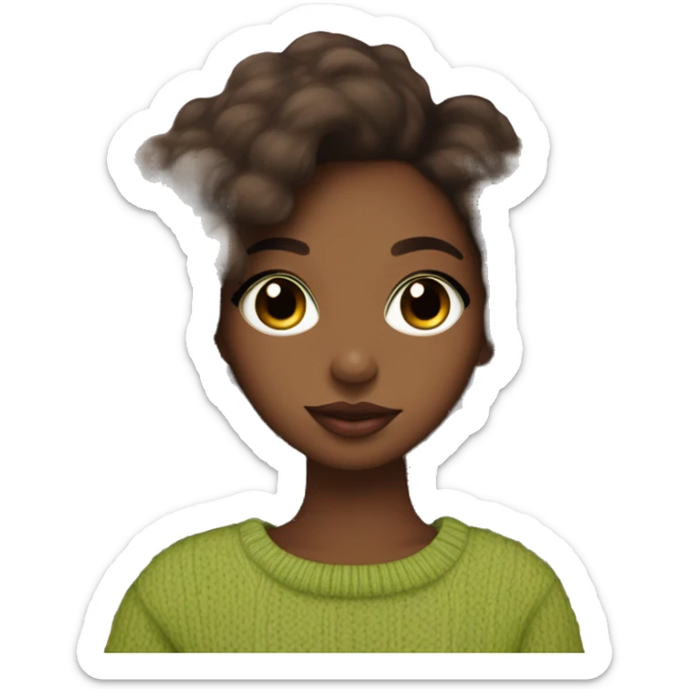 Dark brown girl, brown eyes, brown skin, long lashes, big rosé lips, matcha green sweater, holding parakeet in arms sticker