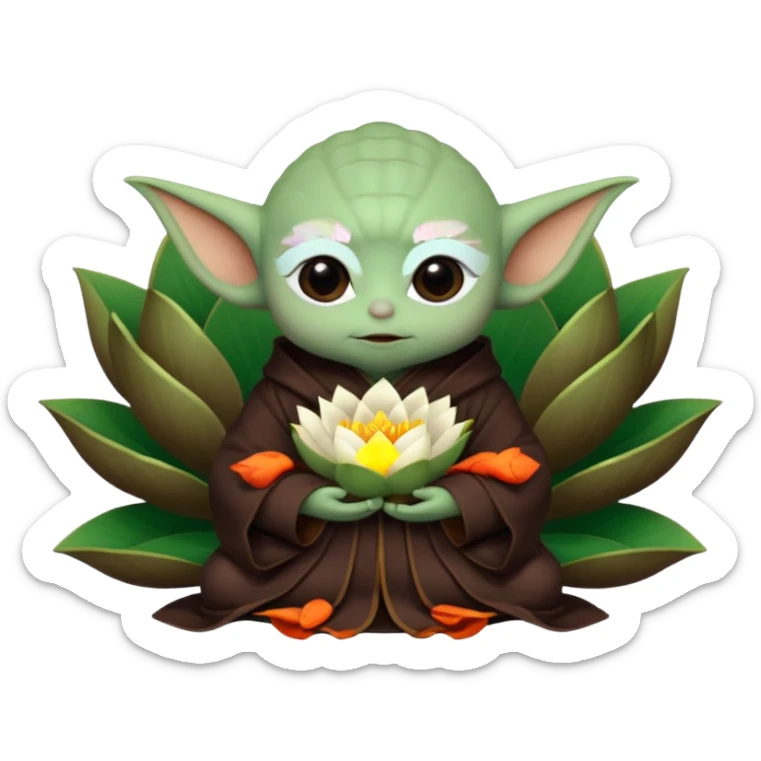 Baby Yoda con su tunica chocolate oscuro sentado dentro de una flor de loto estilo chino sticker