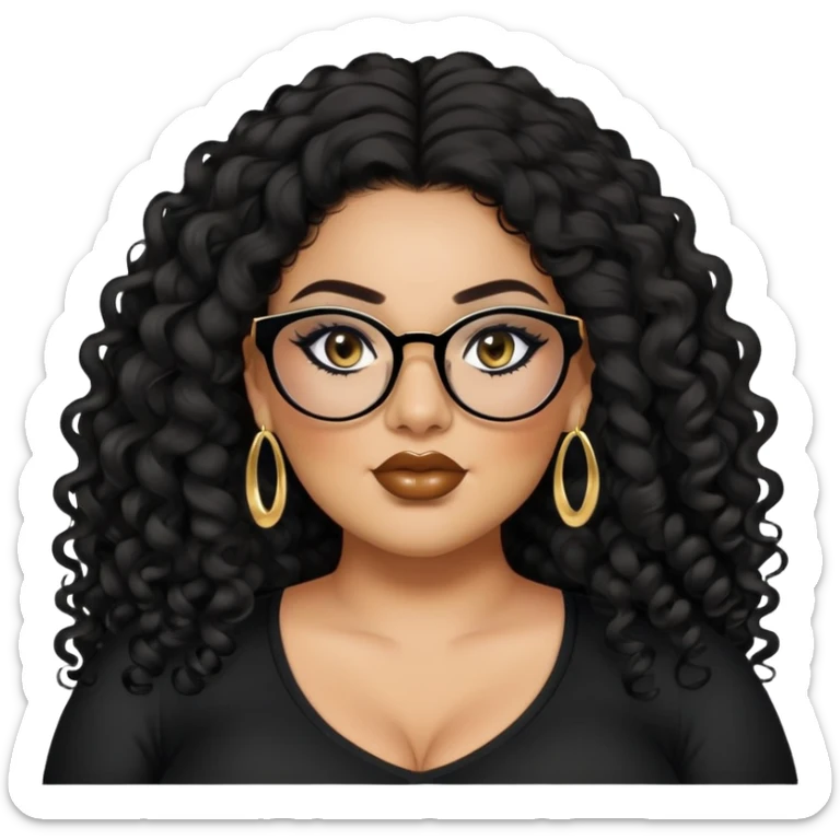 big plus size, latina, darker tan skin, long black curly hair, baddie,pretty, makeup, lipliner, black eyeliner, long hair, small gold earrings, black top, black glasses sticker